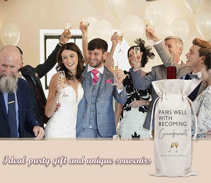 Pairs Well With Becoming Grandparents Gift Wine Bags, Personalized Burlap Wine Bottle Cover Bag for Pregnancy Announcement, New Grandpa Grandma New Baby, Wine Favor Bag Gift Party Decorations-L12