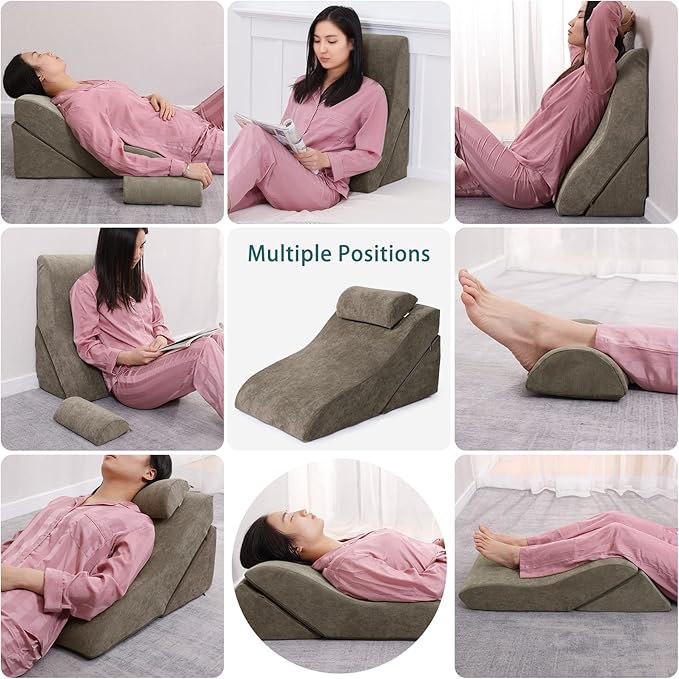 baibu 20 in Bed Wedge Pillow Set Foam | Adjustable Pillows for Back, Leg and Knee Pain Relief | Post Surgery Ortho Pillow – Anti Snoring, Heartburn, Acid Reflux & GRED (Brown)