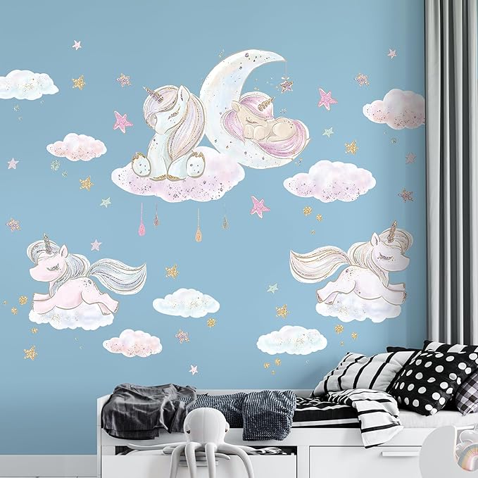 Unicorn Wall Decals for Kids by Lipastick - 135 pcs Unicorn Wall Stickers Peel and Stick - Wall Decals for Girls Kids Baby Nursery Bedroom - Kids Colorful Decals Glittered Moon Stars Clouds L Size