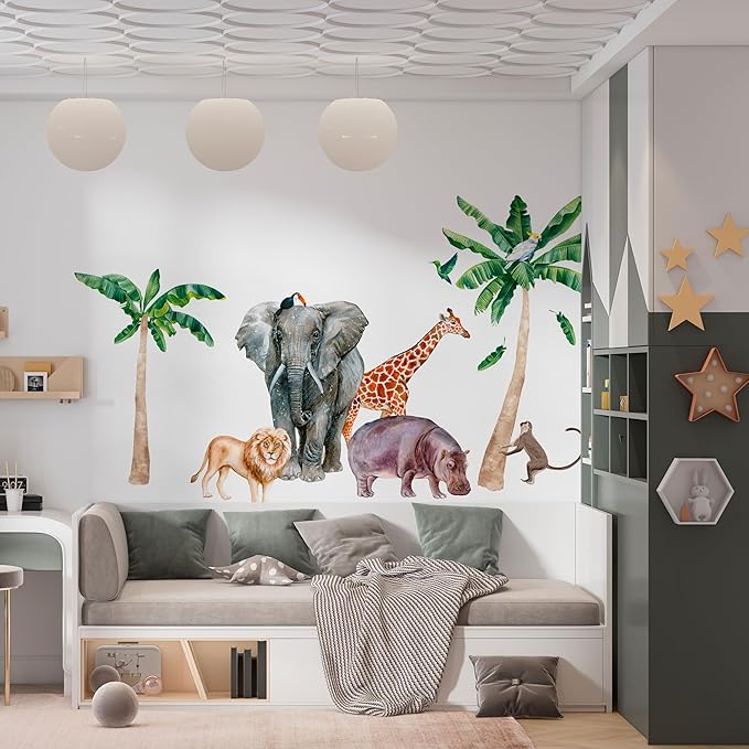Large Safari Animal Wall Decals for Kids by Lipastick - 70 pcs Jungle Animal Wall Stickers - Creative Wall Decal for Children's Room Bedroom Nursery - Giraffe Elephant Hippo Palm Tree Parrot M Size