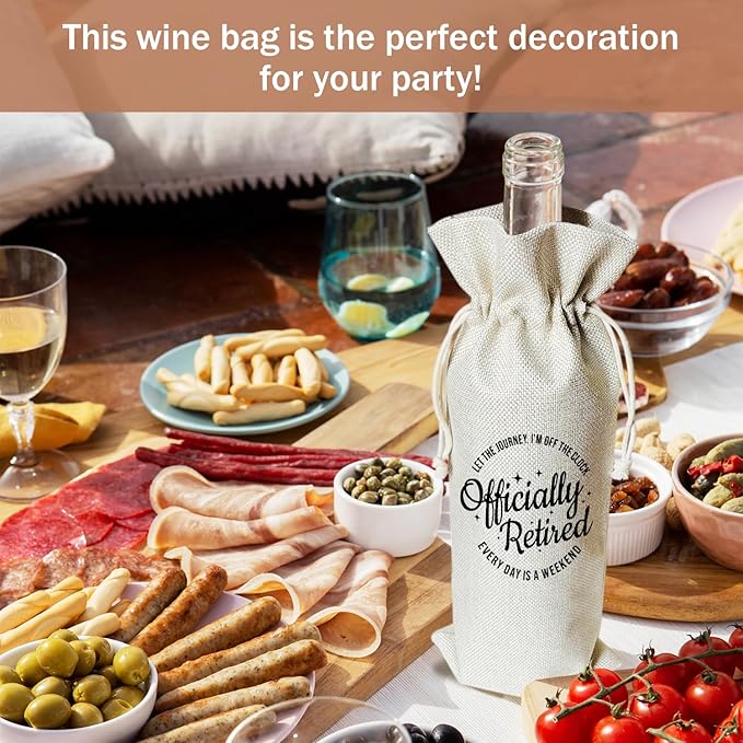 Retirement Wine Gift Bags & Card, Retirement Gifts for Women Men Grandparent Coworker Colleague Leaving Go Away Gifts 1pcs Reusable Burlap Wine Gift Bags for Wine Bottles, Retirement Party Favor -12