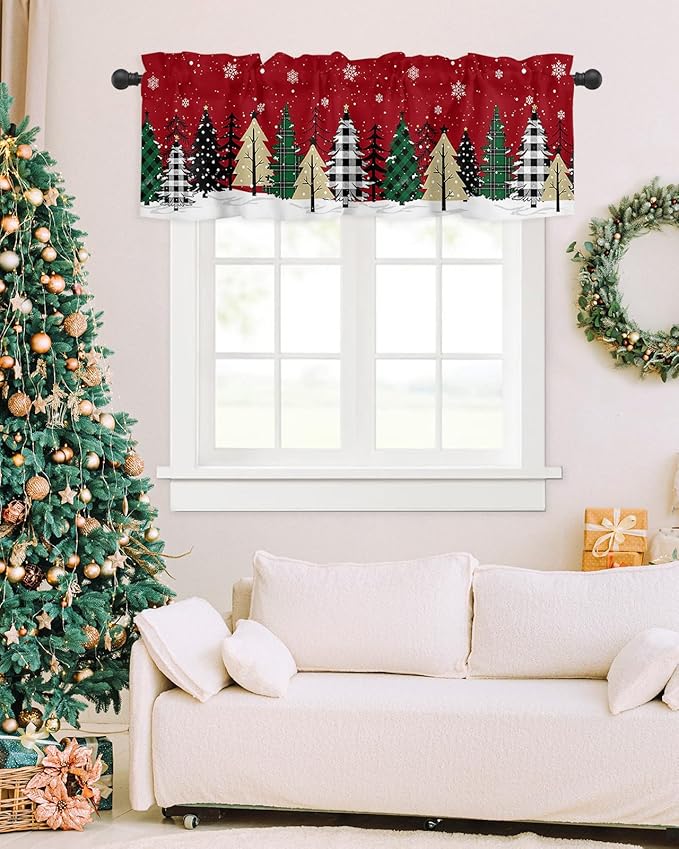 Red Merry Christmas Valance Curtains for Kitchen Windows Green Christmas Tree Rod Pocket Window Treatment Toppers for Kitchen/Living Room/Bedroom/Bathroom, 42" X 18", White Snow Forest Winter