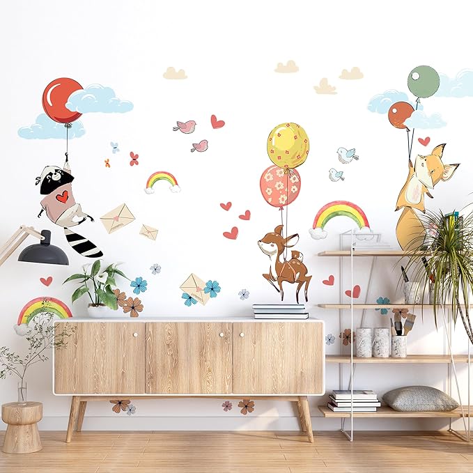 Hot Air Balloon Wall Decals for Kids by Lipastick – 87 pcs Cartoon Animals Wall Decals for Girls Boys Kids Baby - Animal Wall Stickers for Nursery Room Bedroom - Raccoon Fox Koala Panda M Size