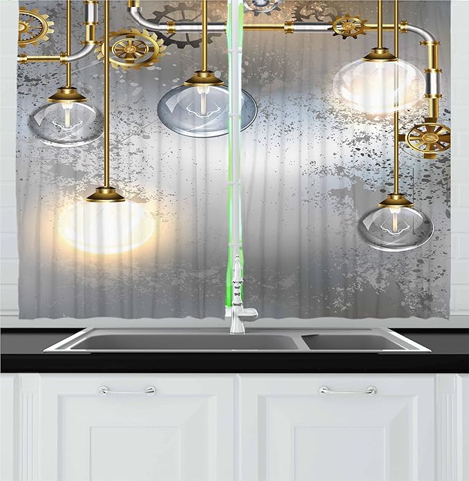Ambesonne Industrial Kitchen Curtains, Steampunk Style Antique Composition Brass Fastening Round Print, Window Drapes 2 Panel Set for Kitchen Cafe Decor, 55" x 30", Gold Grey