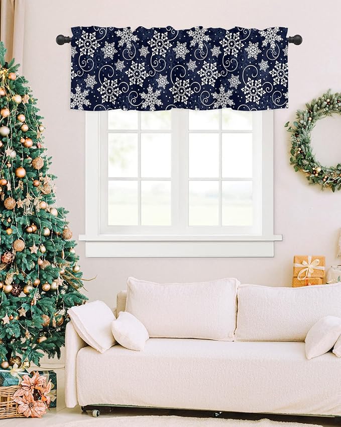 Christmas Valance Curtains for Kitchen Windows White Navy Snowflakes Pattern Rod Pocket Window Treatment Toppers for Kitchen/Living Room/Bedroom/Bathroom, 42" X 12", Winter