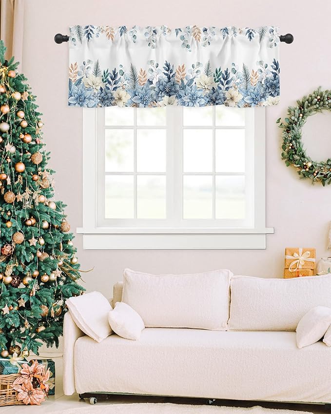 Blue Christmas Poinsettia Valance Curtains for Kitchen Windows Winter Eucalyptus Leaves Rod Pocket Window Treatment Toppers for Kitchen/Living Room/Bedroom/Bathroom, 54" X 18",