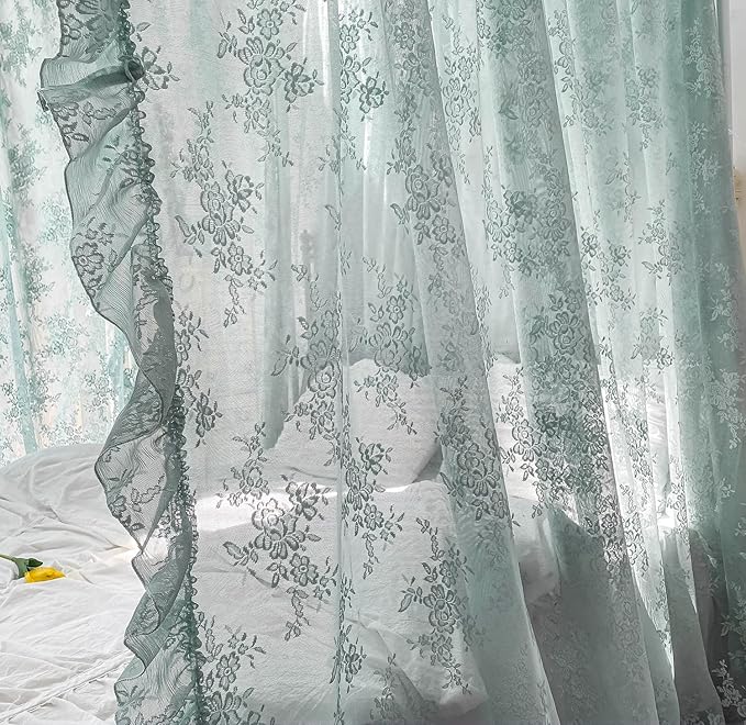 Mengersi Canopy Bed Curtains with Tie Backs,Bed Canopy Curtains Bed Drapes Sheer Lace Curtains for Bedroom Decor(Twin,Sage Green