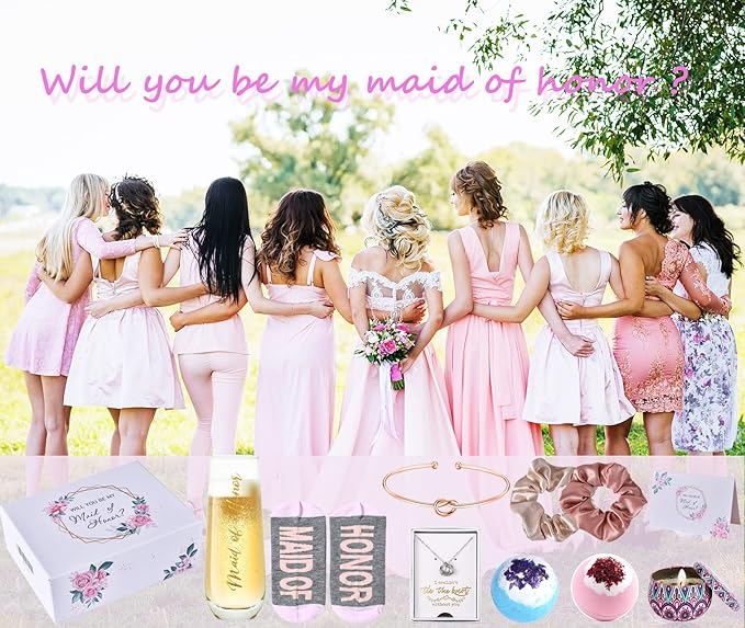 Maid Of Honor Proposal Gifts Set-Will You be My Maid Of Honor Gift Box, Wedding Engagement Gifts,Bachelorette Party Bridal Showers gifts,Maid Of Honor Bracelets, Necklaces And Socks ,Rose Spa Gifts