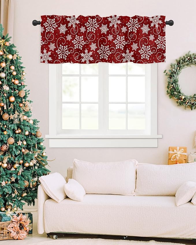 Christmas Valance Curtains for Kitchen Windows Red White Snowflakes Pattern Rod Pocket Window Treatment Toppers for Kitchen/Living Room/Bedroom/Bathroom, 60" X 18", Winter