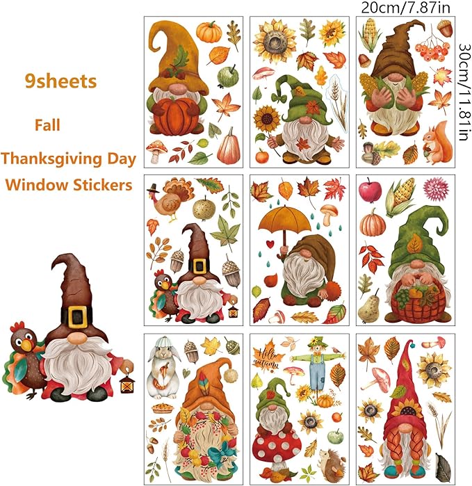 Fall Window Clings Autumn Window Stickers 9 Sheet Window Wall Decals for Home Fall Thanksgiving Decorations Cute Gnome Maple Leaves Pumpkin Stickers