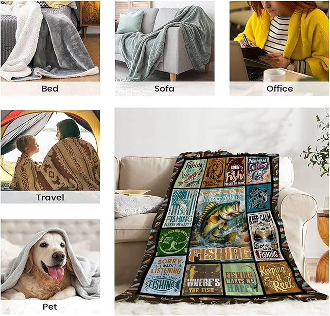 Fish Blanket,Fishing Gifts for Men,Fishing Lovers Blanket Gift,Fathers Day Fishing Gifts for Men,Gifts for Fisherman,Dad,Birthday Gifts for Men Who Love Fishing Throw Blankets,Family Size-90"x120"