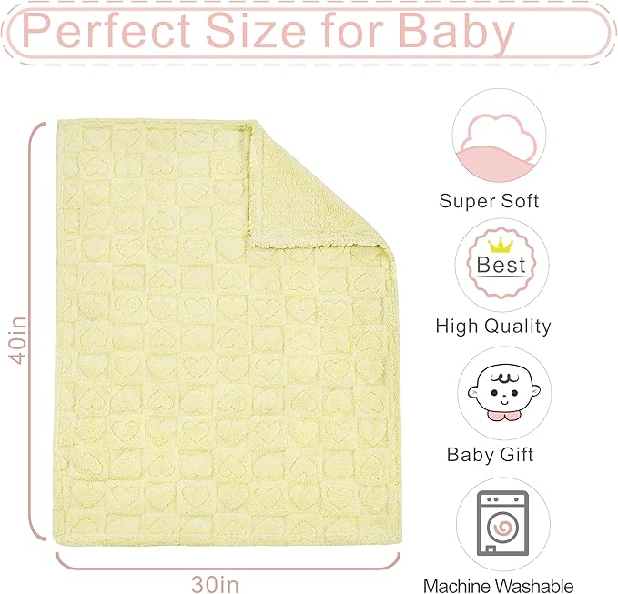 Fleece Baby Blanket Heart Checkered Blanket, Ultra Soft Cozy Baby Blankets for Girls Boys, Fluffy Infant Toddler Newborn Receiving Blankets for Crib Stroller 30”×40” (Yellow)