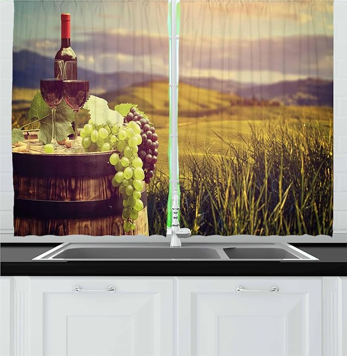 Ambesonne Wine Kitchen Curtains, Italy Tuscany Landscape Rural Vineyard Autumn Harvest Grapes Drink Viticulture, Window Drapes 2 Panel Set for Kitchen Cafe Decor, 55" x 24", Black Taupe