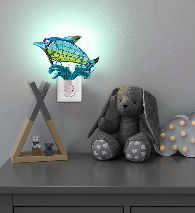 CoTa Global Dolphin Night Light – Wall Plug in Night Light with Switch, Hand Made Metal & Glass Nightlight for Bathroom, Nursery, Hallway, Kitchen, & Bedroom – 5 Inches