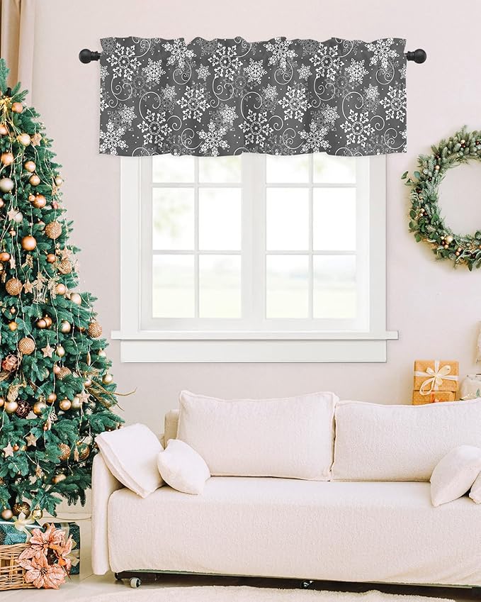 Christmas Valance Curtains for Kitchen Windows Grey White Snowflakes Pattern Rod Pocket Window Treatment Toppers for Kitchen/Living Room/Bedroom/Bathroom, 54" X 18", Winter