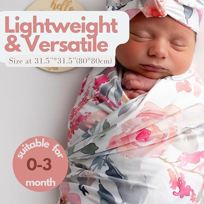Newborn Baby Girl Receiving Blanket Swaddle Blanket Stretchy Knit Swaddle Set with Matching Headband Beanie with a Name Card (Pink Floral Ink Leaf)