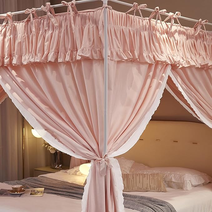 4 Corners Post Princess Ruffle Curtain Bed Canopy Lace Up Elastic Cozy Breathable Tent Mosquito Net for Girls Bedroom Decoration(Pink, 70-78" W*86" L*82" H/King)
