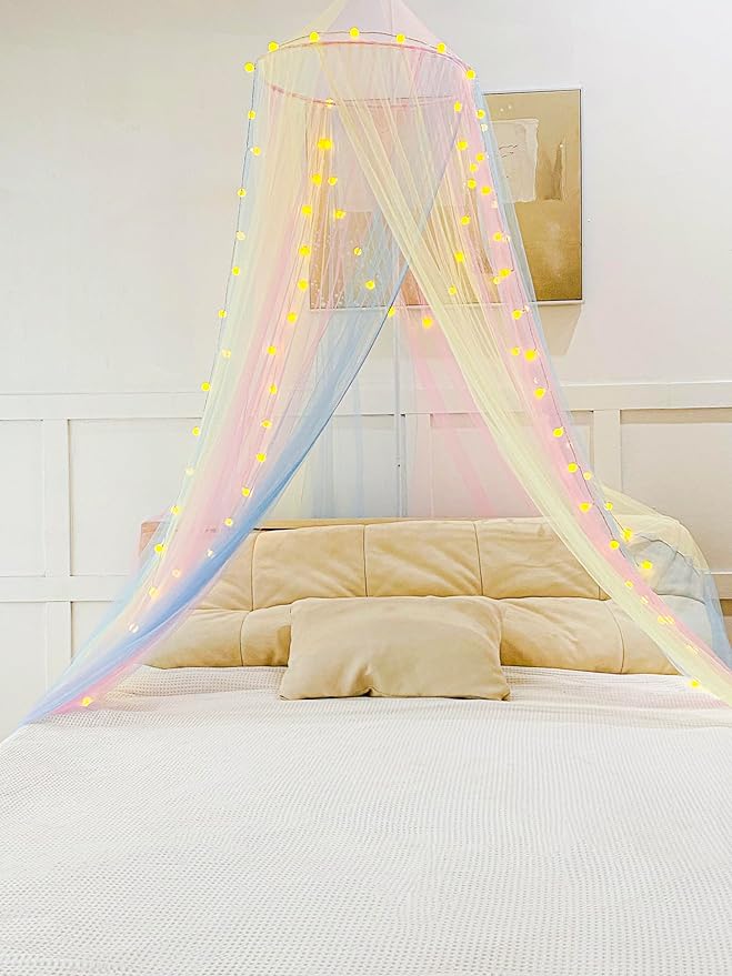 Mosquito Net Bed Canopy for Girls,Rainbow Canopy Bed Curtains Full Queen Size from Ceiling,Dome Mosquito Netting Bed Tent Twin Girls Princess Canopy King Bed Decor