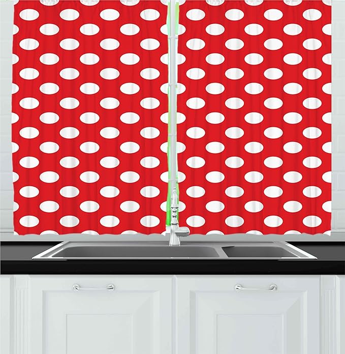 Ambesonne Retro Kitchen Curtains, 50s 60s Iconic Pop Art Style Big White Polka Dots Picnic Vintage Old Theme Image, Window Drapes 2 Panel Set for Kitchen Cafe Decor, 55" x 30", Vermilion White