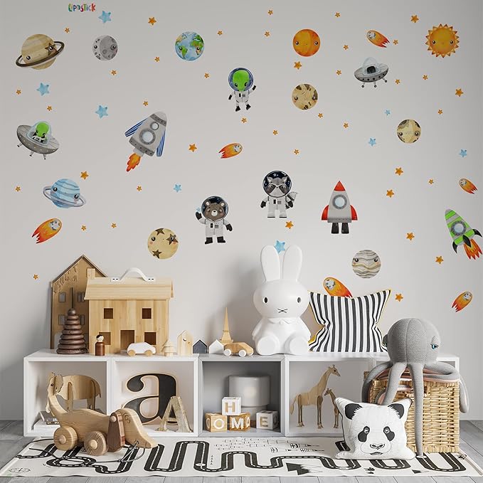 Large Solar System Wall Decals for Kids by Lipastick - 133 pcs Space Animal Wall Stickers Boys Room Playroom - Galaxy Wall Decor - Kids Vinyl Wall Decal Peel and Stick - Outer Space Decoration L Size