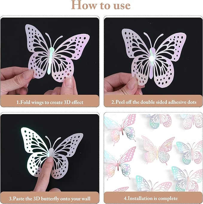 SAOROPEB 3D Butterfly Wall Decor 48 Pcs 4 Styles 3 Sizes, Laser Pink Butterfly Birthday Decorations Butterfly Party Decorations Cake Decorations, Removable Stickers (Laser Pink)