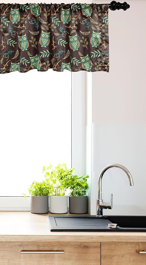 Ambesonne Owl Print Window Valance, Night Birds Leaves Berries Warm Autumn Colors Cartoon, Curtain Valance for Kitchen Bedroom Decor with Rod Pocket, 42" x 12", Brown Green