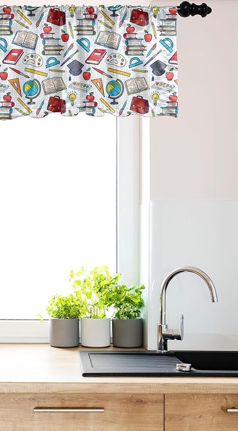 Ambesonne Science Window Valance, Elementary Theme Student Supplies Globe Paints and Brushes Books, Curtain Valance for Kitchen Bedroom Decor with Rod Pocket, 42" x 12", Multicolor