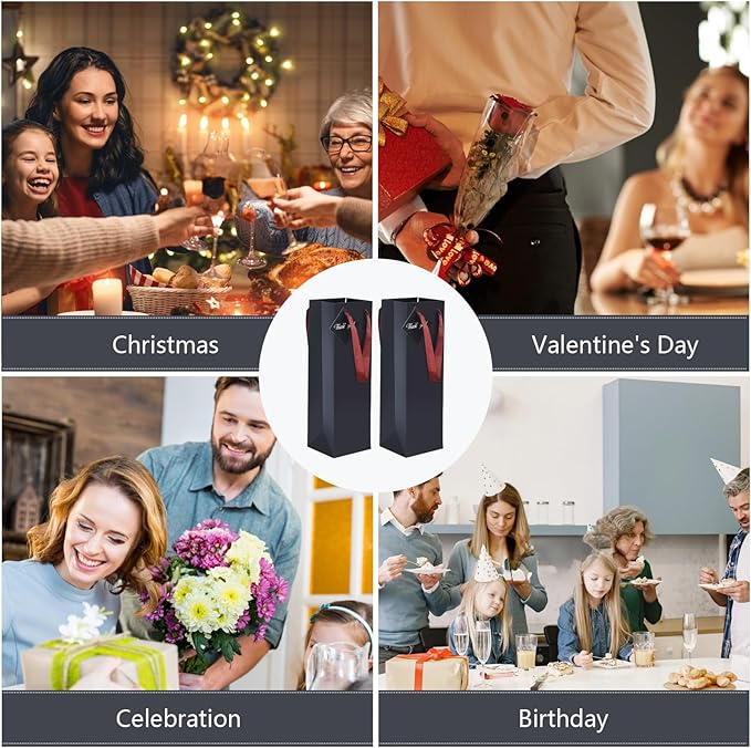 Wine Bags, 6 Packs, Strong Card Paper Wine Gift Bag with Ribbon Handles and Thank You Card, 4-3/8x 4 x 14" Fit 750ml Wine Bottle or Champagnes - Black 6