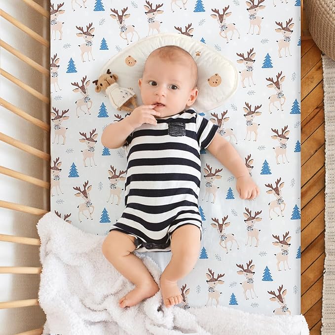 Pack n Play Sheets 2 Piece Mini Crib Sheets Stretch Play Sheets Portable Bed Sheet Soft Fitted Sheet Breathable Elastic Convertible Playard Cover Compatible with Graco Pack n Play Deer Park