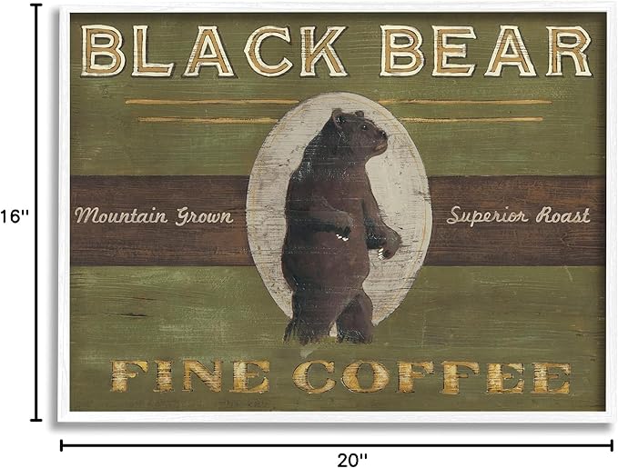 Stupell Industries Black Bear Fine Coffee Rustic Kitchen Mountain Animal, Designed by June Erica Vess White Framed Wall Art, 16 x 20, Green