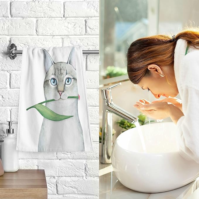 Cat Holding A Tulip Bath Hand Towel Soft Cotton Highly Absorbent Fingertip Towels for Bathroom Beach Kitchen Sports Gym Yoga Travel (2-Pieces Towel Sets, 28x16 inch)