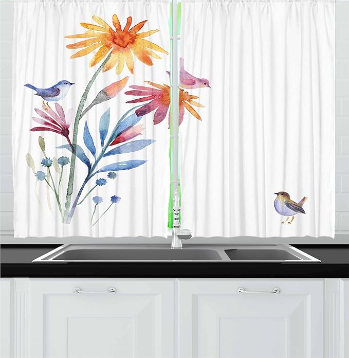 Ambesonne Watercolor Kitchen Curtains, Springtime Flowers with Birds Unusual Color Scheme Brush Effect, Window Drapes 2 Panel Set for Kitchen Cafe Decor, 55" x 36", Blue