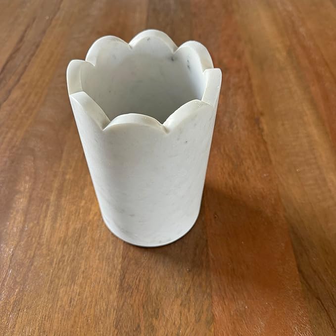 Scalloped Marble Wine Chiller - 750ml Wine Bottle Cooler & Chiller for Party, Bar Cart & Kitchen Decor Keeps Wine & Bottle Cold - Multi-Purpose Marble Utensil Holder for Kitchen Counter