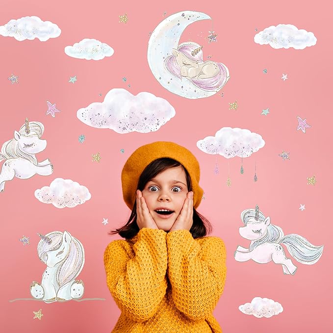 Unicorn Wall Decals for Kids by Lipastick - Unicorn Wall Stickers Peel and Stick - Wall Decals for Girls Kids Baby Nursery Bedroom - Kids Colorful Decals Glittered Moon Stars Clouds S Size