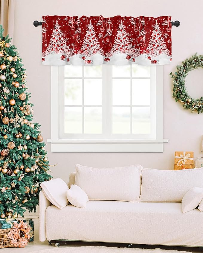 Red Christmas Valance Curtains for Kitchen Windows White Xmas Tree Snowflakes Red Balls Rod Pocket Window Treatment Toppers for Kitchen/Living Room/Bedroom/Bathroom, 42" X 18", Winter