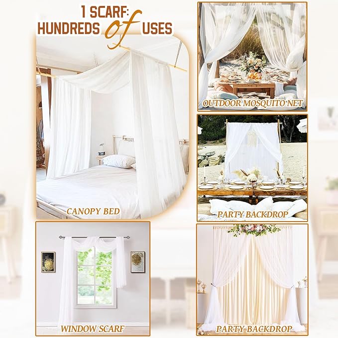 Showgeous 2 Panels Canopy Curtains White Canopy Bed Curtains 37.4" x 228" Bed Canopy Scarf for Full/Queen Bed Frame,Queen Canopy Bed Curtains,Sheer Bed Canopy Curtains Drapes Bed Tulle Canopy