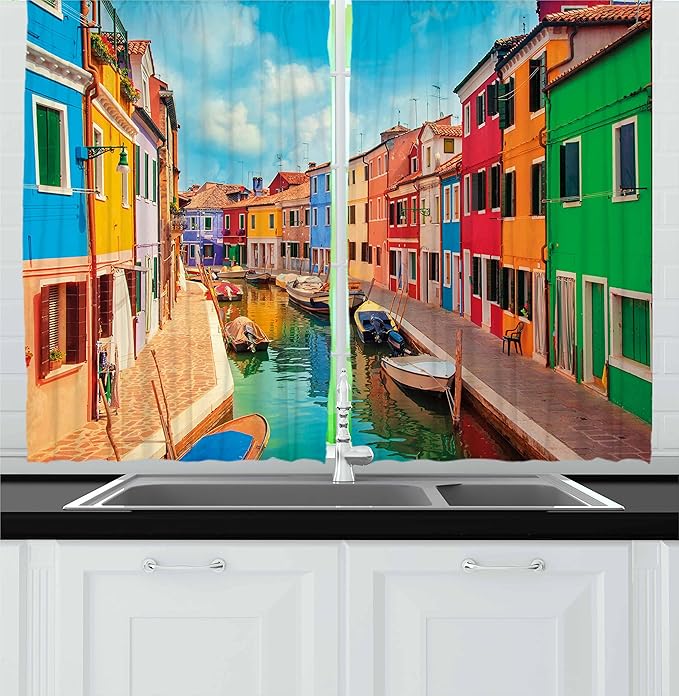 Ambesonne Venice Kitchen Curtains, Colorful Buildings and Water Canal with Boats Burano Island in The Venetian Lagoon, Window Drapes 2 Panel Set for Kitchen Cafe Decor, 55" x 30", Colorful