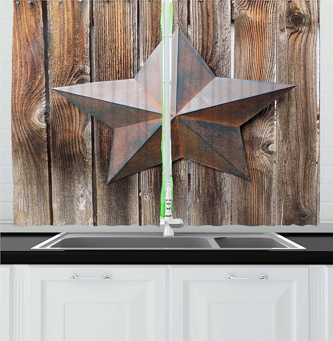 Ambesonne Prehistoric Country Kitchen Curtains, Antique Rusty Star on The Weathered Wooden Planks Vintage Retro Image, Window Drapes 2 Panel Set for Kitchen Cafe Decor, 55" x 24", Brown Taupe