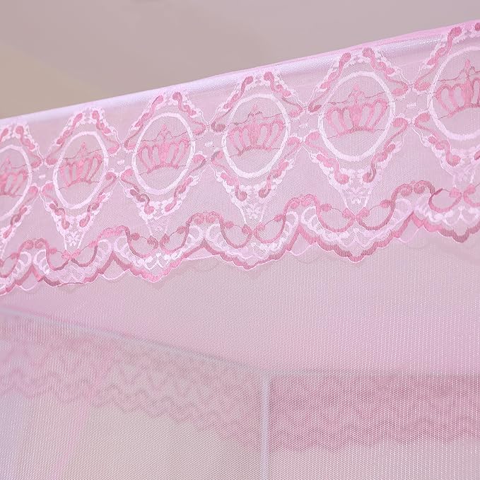 Bed Canopy, Princess Bed Curtain Net for Girls & Adults,Three-Doors Rectangle Lace Dome Netting (Baby Pink, King)