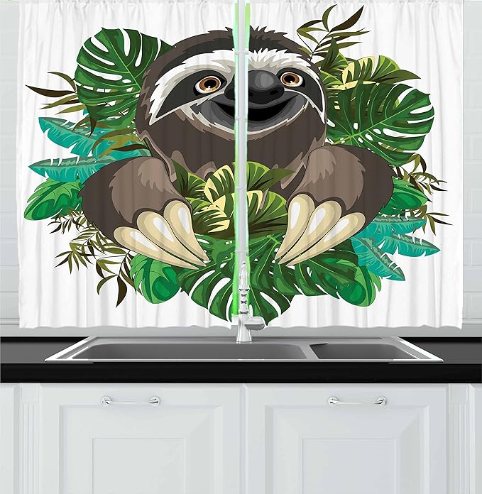 Ambesonne Sloth Kitchen Curtains, Cartoon Mammal on Tropical Jungle with Green Banana Leaves Character, Window Drapes 2 Panel Set for Kitchen Cafe Decor, 55" x 30", Chocolate Ivory