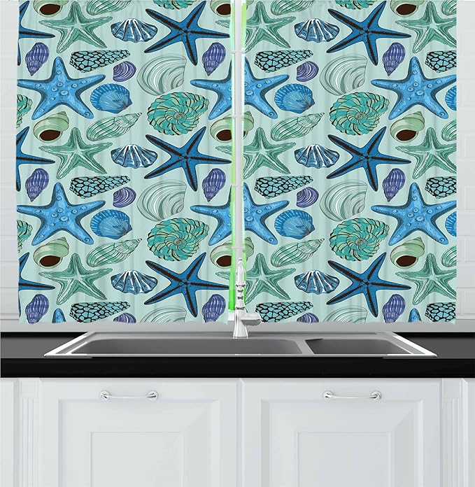 Ambesonne Starfish Kitchen Curtains, Aquarium Inspired Composition Tropical Seashells and Scallops Cockles and Clams, Window Drapes 2 Panel Set for Kitchen Cafe Decor, 55" x 36", Blue Seafoam