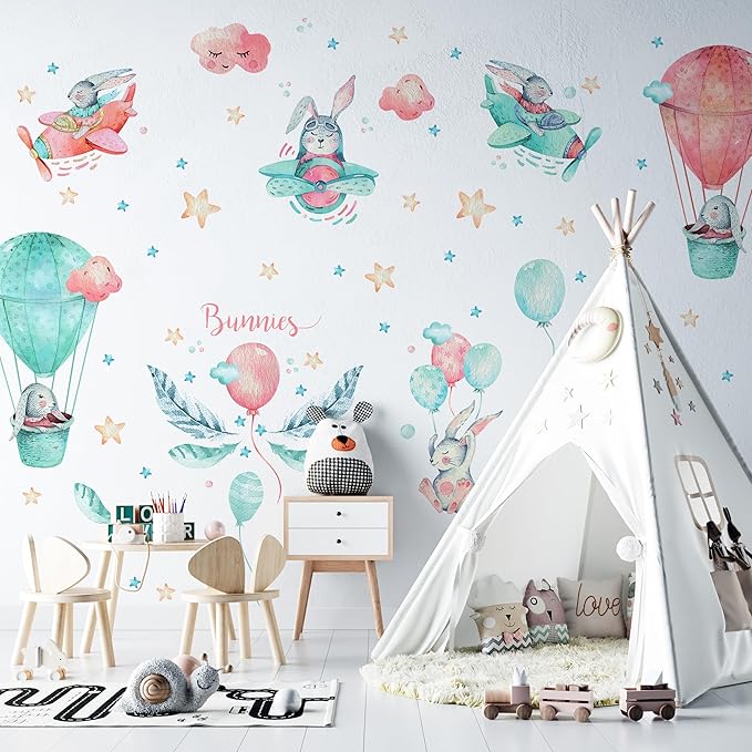 Bunny Wall Decals for Kids by Lipastick - 143 pcs Rabbits Wall Stickers Peel and Stick - Hot Air Balloon Wall Decals for Girls Boys Kids Baby Nursery Room Bedroom - Bunies Wall Decor Aircraft L Size