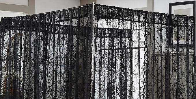 Warm Home Designs Lace Canopy Bed Curtains Set Consists of 8 48" x 78" Black Canopy Curtains with Tie-Backs. Queen Canopy Bed Curtains or King Bed Canopy Curtains for Gothic Bedroom Decor. LC Black