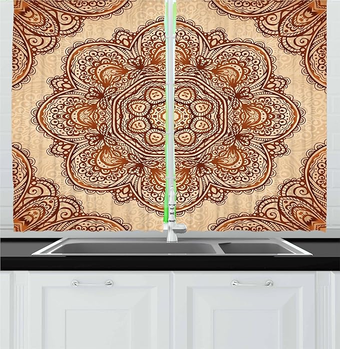 Ambesonne Ethnic Kitchen Curtains, Mehndi Style Floral Flower with Abstract Paisley Backdrop Art Print, Window Drapes 2 Panel Set for Kitchen Cafe Decor, 55" x 36", Dark Brown