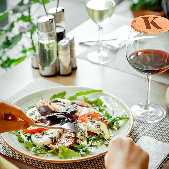 Personalized Wine Glass Charcuterie Topper - Custom Laser Engraved Initial Bamboo Wine Glass Topper Stopper Coasters Plate ID Identification Wine Glass Charcuterie Board Topper (Letter K)