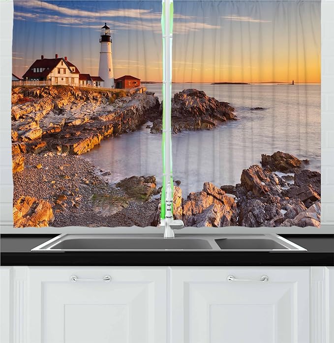 Ambesonne United States Kitchen Curtains, Cape Elizabeth Maine River Portland Lighthouse Sunrise USA Coast Scenery, Window Drapes 2 Panel Set for Kitchen Cafe Decor, 55" x 30", Blue Tan
