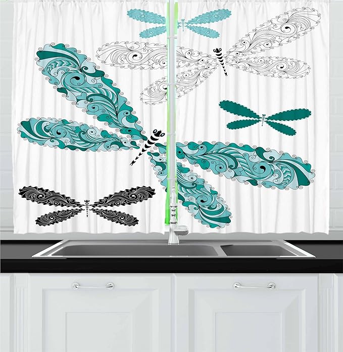 Ambesonne Dragonfly Kitchen Curtains, Ornamental Dragonfly with Lace and Damask Effects Image, Window Drapes 2 Panel Set for Kitchen Cafe Decor, 55" x 36", Black Turquoise
