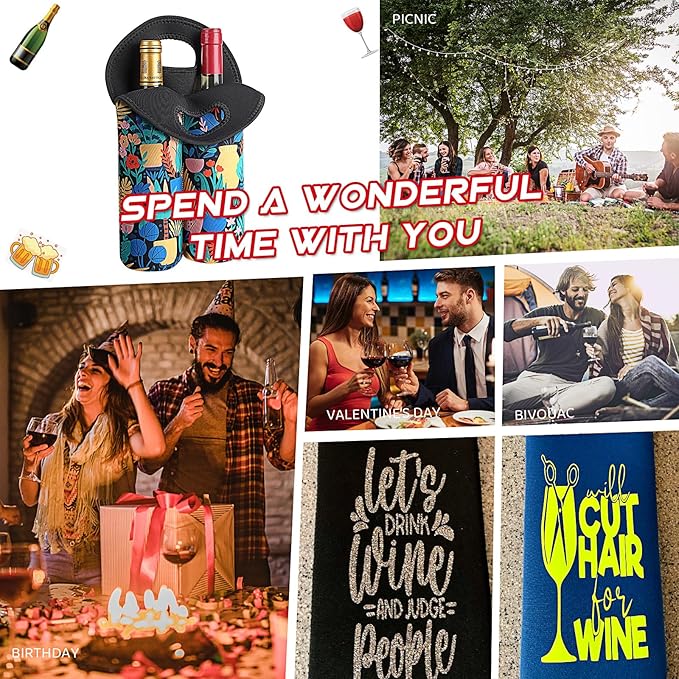 Desing Wish 2-Bottle Set Wine Carrier Tote Bag for 750ml Red/White Wine Bottles, Insulated Neoprene Wine Cooler Bag Wine Gift Bags for Gift/Picnic/Party/Beach/Christmas - Rainforest