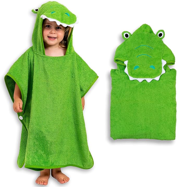 Premium Hooded Towel Poncho for Kids & Toddlers, Soft 100% Cotton, Ideal at Bath, Beach, Pool (Green Croc)