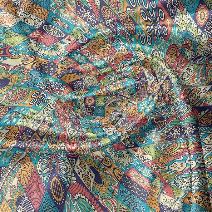 Ambesonne Bohemian Valance & Tier Curtain 3 pcs Set, Geometric Pattern Ornamental Floral Folk Art Abstract, Window Treatments for Kitchen Room Decor, 55" x 30", Blue Cream